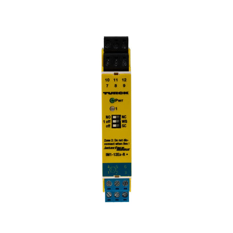 Turck IM1-12EX-R intrinsically safe isolating switching amplifier, 1 channel, dual relay outputs.