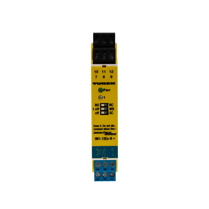 Turck IM1-12EX-R intrinsically safe isolating switching amplifier, 1 channel, dual relay outputs.
