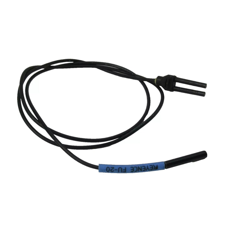 Keyence FU-20 fiber optic sensor head with threaded mount for precise detection in compact industrial automation setups.