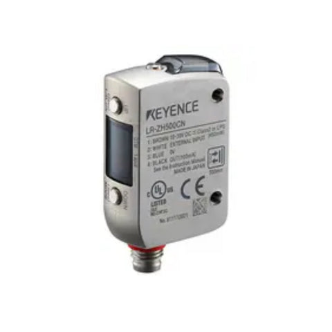 Keyence LR-ZH500CP reflective photoelectric sensor with 500mm range, OLED display, and rugged IP67 housing for industrial detection.