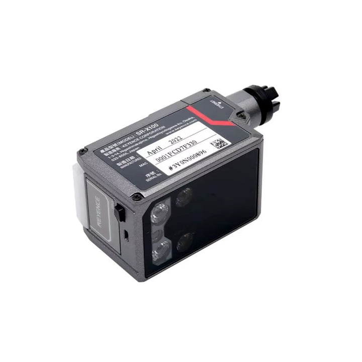 Keyence SR-X100 ultra-compact code reader for high-speed 1D/2D barcode scanning in industrial and automation environments.