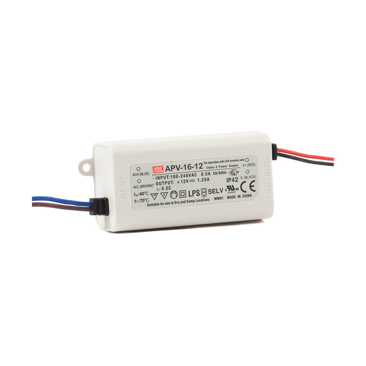 Mean Well APV-16-12 LED power supply, 16 W, 12 V DC, 1.25 A, compact and efficient for lighting and signage applications.
