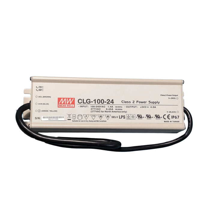 Mean Well CLG-100-24 LED driver, 100 W, 24 V DC, IP67 waterproof design for outdoor and industrial lighting.