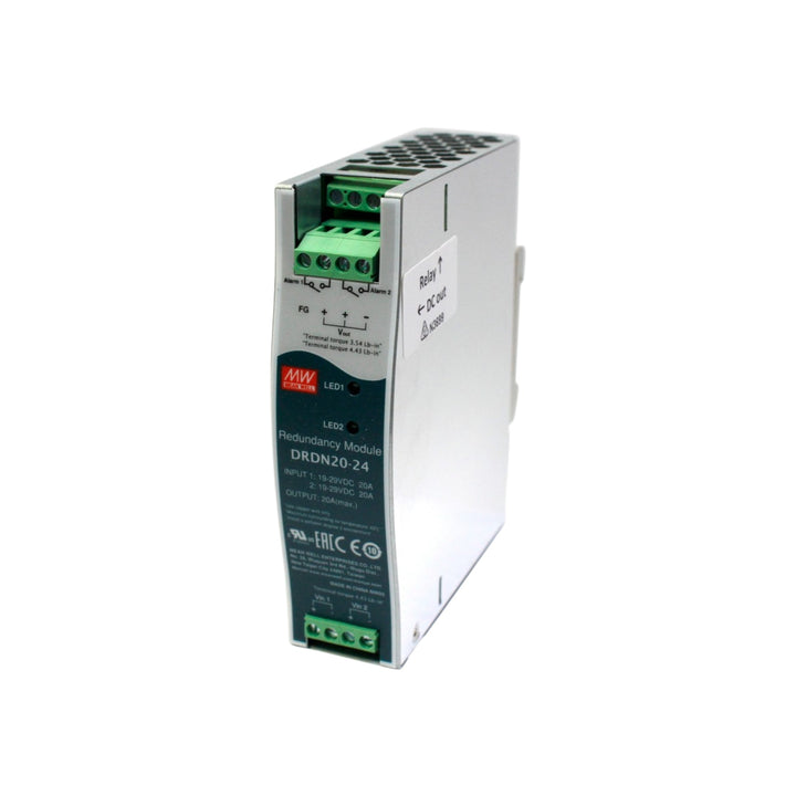 MEAN WELL DRDN20-24 24 V DC 20 A redundancy module for dual industrial power supply systems.