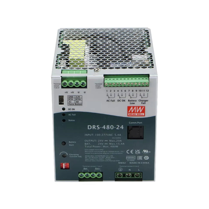Mean Well DRS-480-24 DIN rail power supply, 480 W, 24 V DC, 20 A, reliable for industrial and automation systems.
