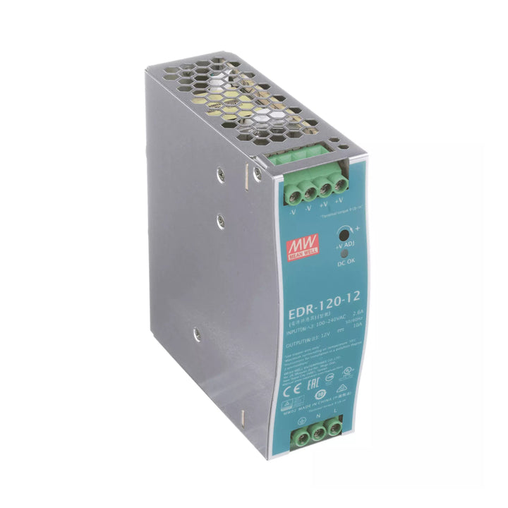 Mean Well EDR-120-12 DIN rail power supply, 120 W, 12 V DC, 10 A, slim and reliable for industrial automation.