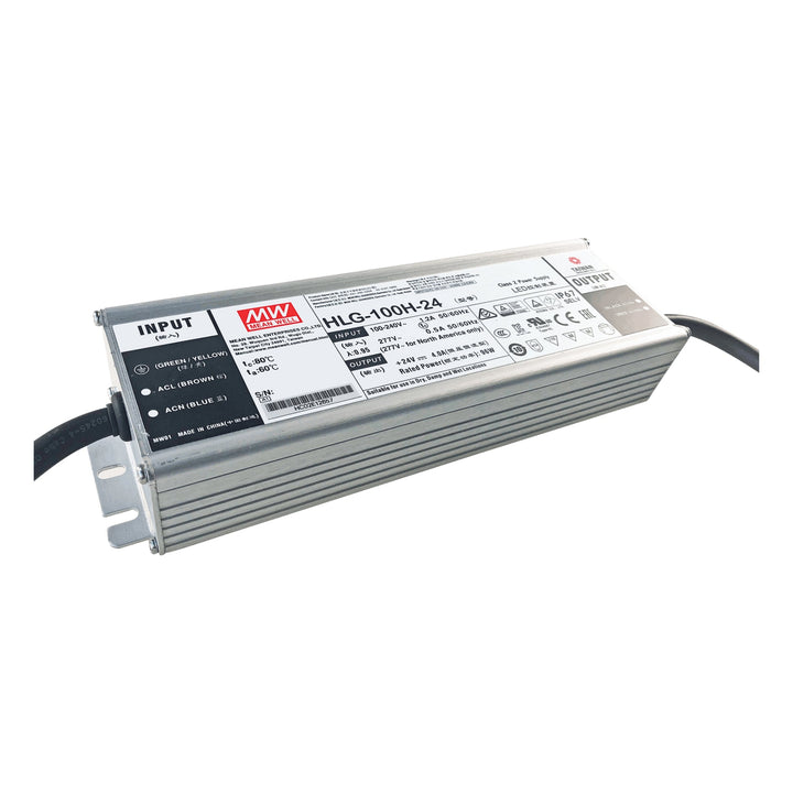Mean Well HLG-100H-24 LED driver power supply, 100 W, 24 V DC, IP67 waterproof, ideal for indoor and outdoor lighting.