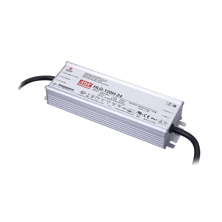 Mean Well HLG-120H-24 LED driver power supply, 120 W, 24 V DC, IP67 waterproof, ideal for indoor and outdoor lighting.