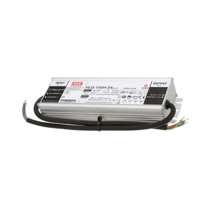 Mean Well HLG-150H-24 LED driver power supply, 150 W, 24 V DC, 6.3 A, IP67 waterproof for indoor and outdoor LEDs.