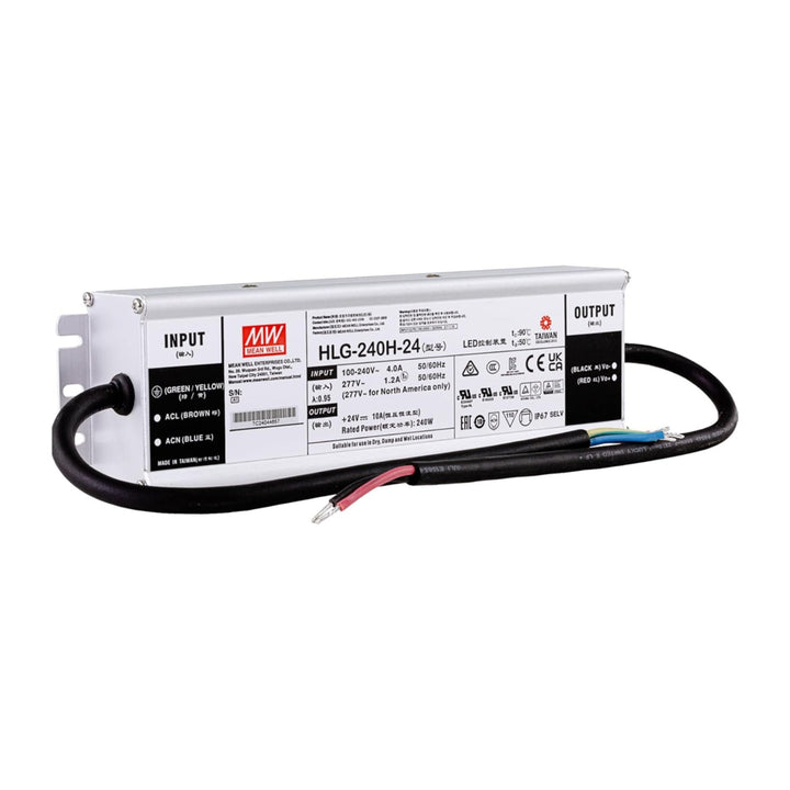 Mean Well HLG-240H-24 LED driver power supply, 240 W, 24 V DC, 10 A, IP67 waterproof for outdoor and indoor LED lighting.