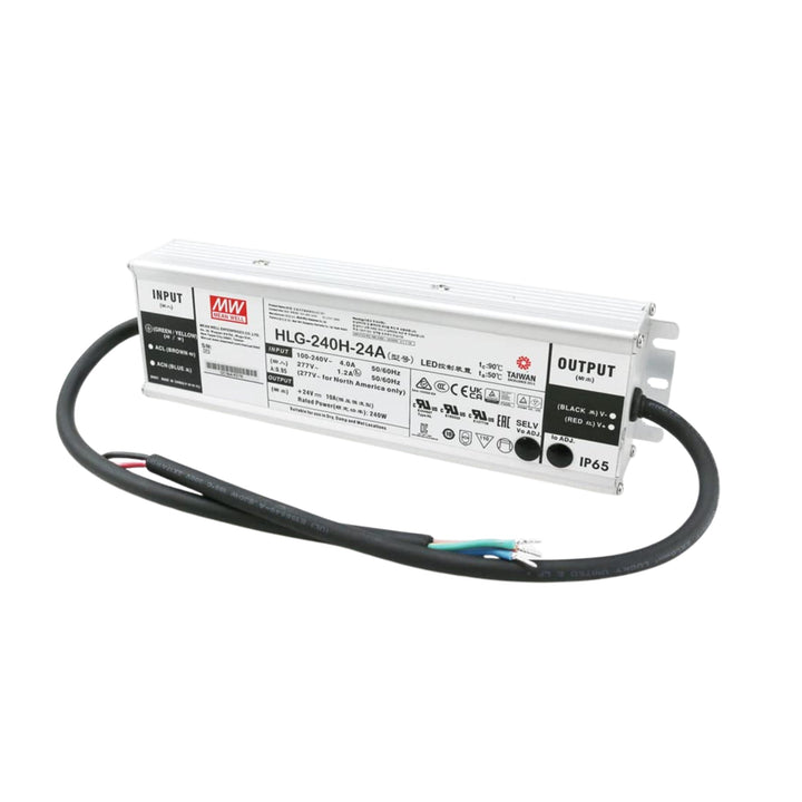 Mean Well HLG-240H-24A LED driver, 240 W, 24 V DC, 10 A, IP67 waterproof, reliable for industrial and outdoor LED lighting.