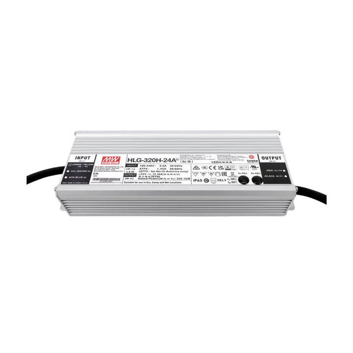 Mean Well HLG-320H-24A LED driver, 320 W, 24 V DC, 13.3 A, IP67 waterproof, reliable for industrial and outdoor LED lighting.