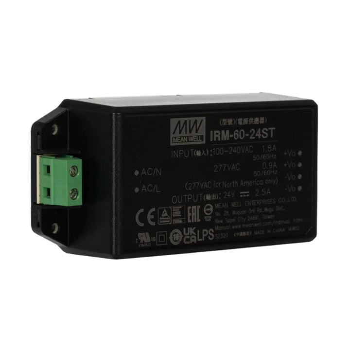 Mean Well IRM-60-24ST board mount power supply, 60 W, 24 V DC, 2.5 A, compact encapsulated design for industrial and embedded use.