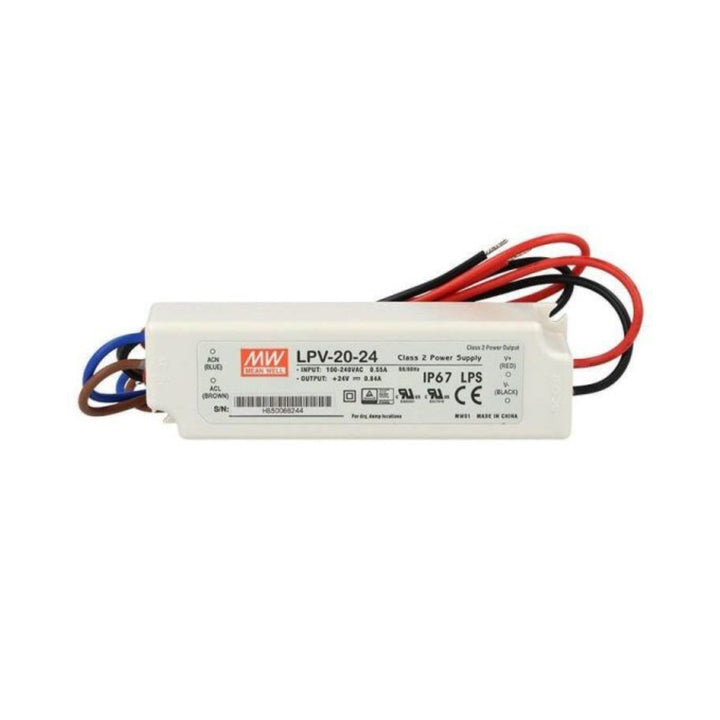 Mean Well LPV-20-24 LED driver power supply, 20 W, 24 V DC, 0.84 A, IP67 waterproof for indoor and outdoor LED use.