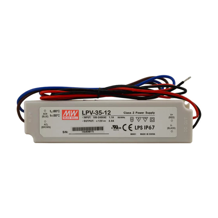 Mean Well LPV-35-12 LED driver, 35 W, 12 V DC, 2.9 A, IP67 waterproof for indoor and outdoor LED lighting.