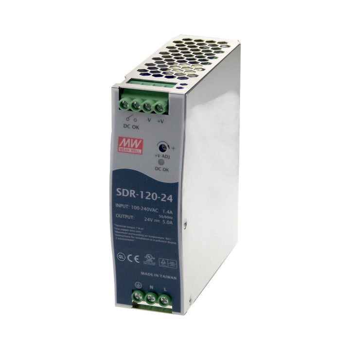 Mean Well SDR-120-24 DIN rail power supply, 120 W, 24 V DC, 5 A, high efficiency for automation and industrial control.