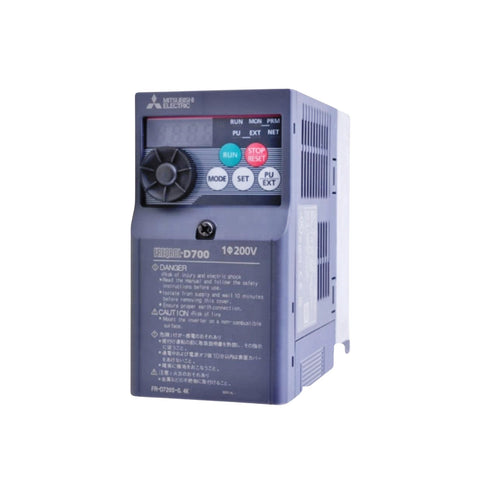 Mitsubishi FR-D720S-0.4K-CHT inverter, 0.4kW, 1-phase 200–240V, compact VFD for light-duty motor control.