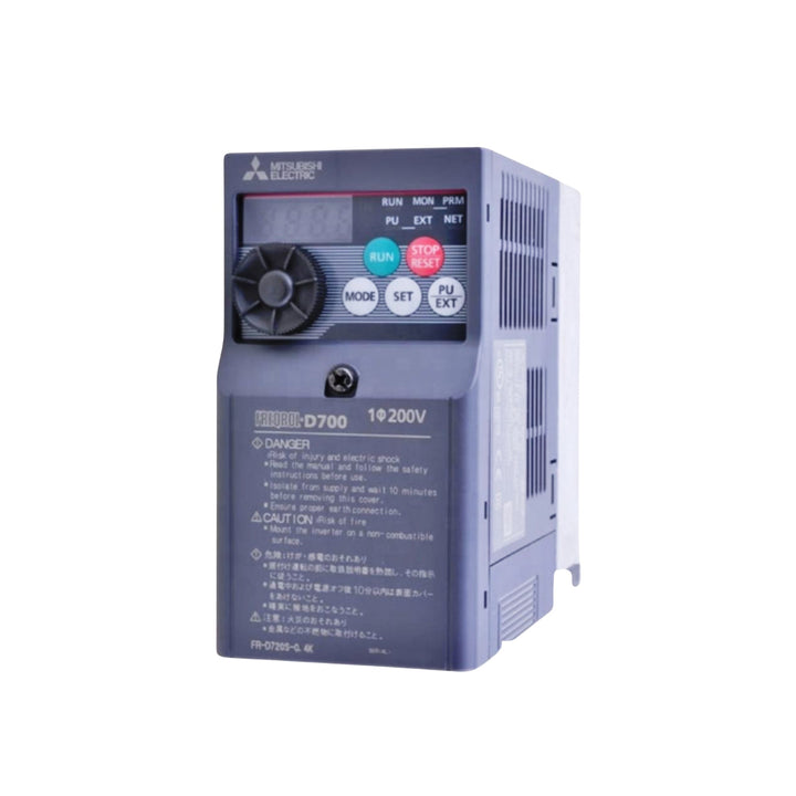 Mitsubishi FR-D720S-0.4K-CHT inverter, 0.4kW, 1-phase 200–240V, compact VFD for light-duty motor control.