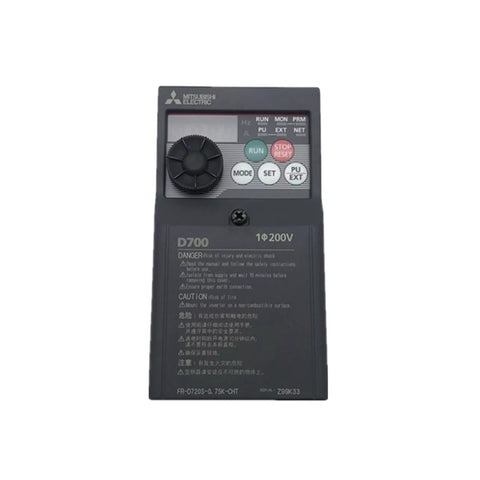 Mitsubishi FR-D720S-0.75K-CHT inverter, 0.75kW, 1-phase 200–240V AC input, RS-485, compact VFD for small motors.