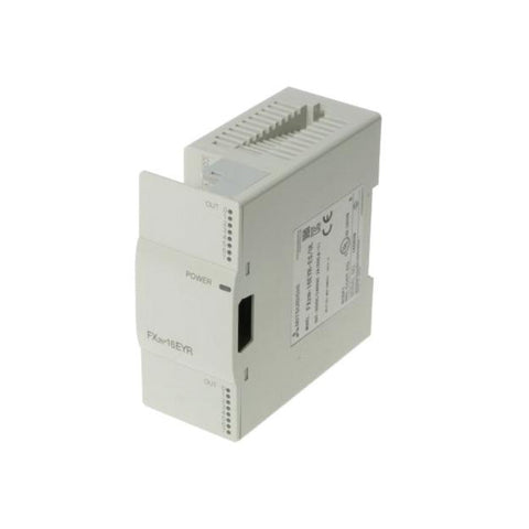Mitsubishi FX2N-16EYR relay output module, 16-point unit with 16 relay outputs, 24V DC power supply.