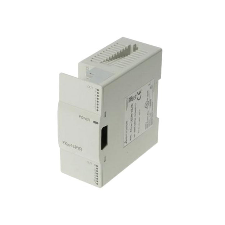 Mitsubishi FX2N-16EYR relay output module, 16-point unit with 16 relay outputs, 24V DC power supply.