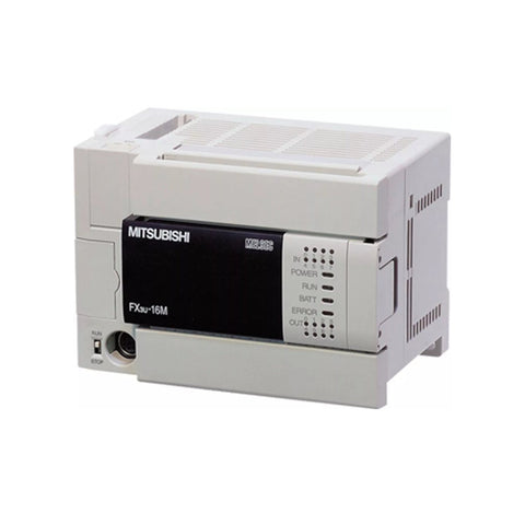 Mitsubishi FX3U-16MR/ES-A PLC, 16 I/O, 100–240V AC, relay output, compact controller for small automation systems.