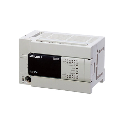 Mitsubishi FX3U-32MR/ES PLC, 32 I/O (16 inputs, 16 relay outputs), 100–240V AC, 64K steps, expandable to 384 I/O points.