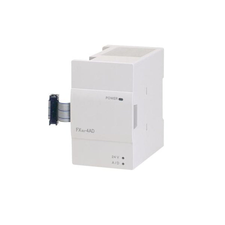 Mitsubishi FX3U-4AD analog input module, 4 channels, 0–10V and 4–20mA input, 12-bit resolution, for FX3U PLCs.