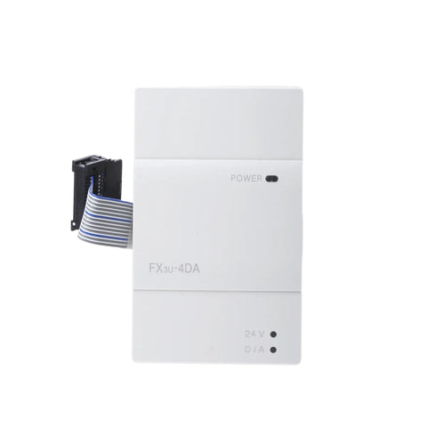 Mitsubishi FX3U-4DA analog output module, 4 channels, 0–10V and 4–20mA output, 12-bit resolution, for FX3U PLCs.