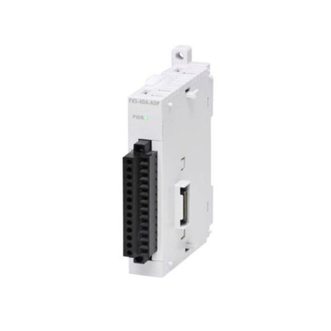 Mitsubishi FX5-4AD-ADP analog input module, 4 channels, 0–10V &amp; 4–20mA, DIN rail adapter for FX5U/FX5UC PLCs.