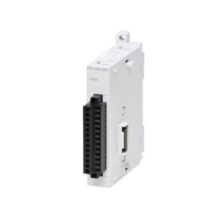 Mitsubishi FX5-4AD-ADP analog input module, 4 channels, 0–10V &amp; 4–20mA, DIN rail adapter for FX5U/FX5UC PLCs.
