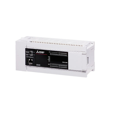 Mitsubishi FX5U-64MR-ES PLC, 64 I/O (32 inputs, 32 relay outputs), 100–240V AC, compact main unit for FX5U Series automation.