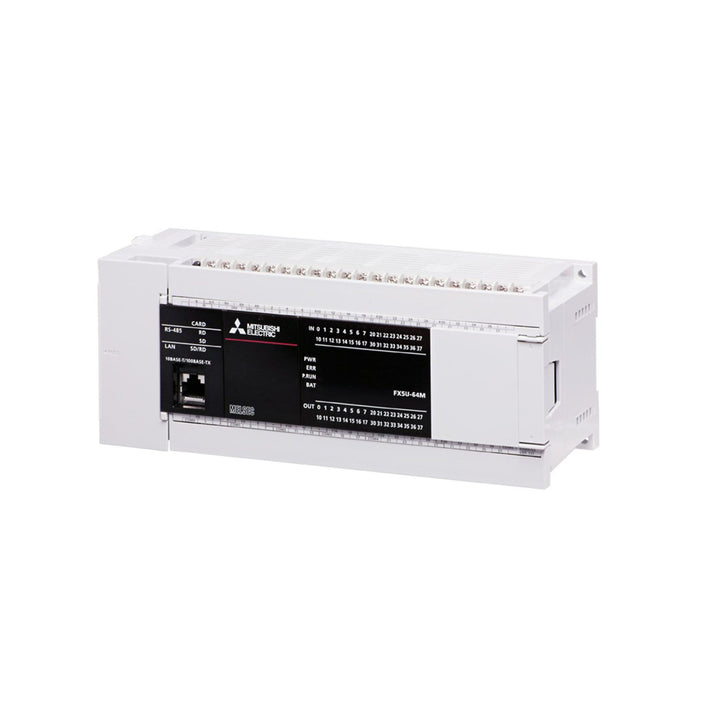Mitsubishi FX5U-64MR-ES PLC, 64 I/O (32 inputs, 32 relay outputs), 100–240V AC, compact main unit for FX5U Series automation.