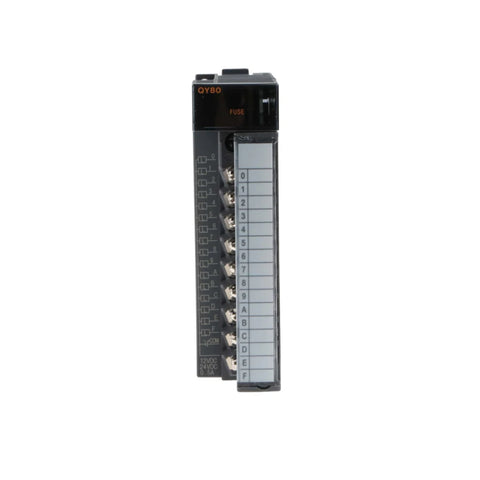 Mitsubishi QY80 digital output module, 32 channels, 24V DC sink, compact output for MELSEC-Q Series PLCs.
