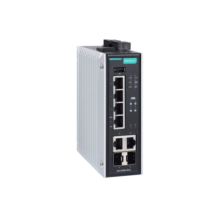 Moxa EDS-P506E-4POE-2GTXSFP Industrial Ethernet Switch, designed for reliable industrial networking applications.
