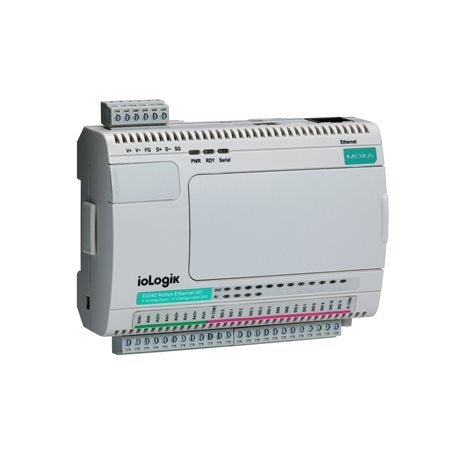 Moxa IOLOGIK E2214 Remote I/O Module featuring efficient and reliable industrial connections.