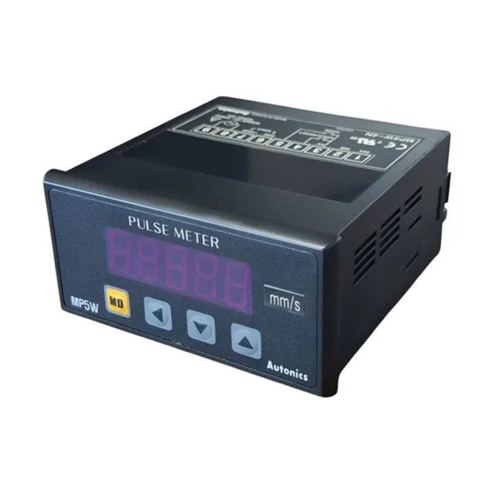 Autonics MP5W-4N digital pulse meter with 4-digit LED display and NPN input for speed and count measurement.