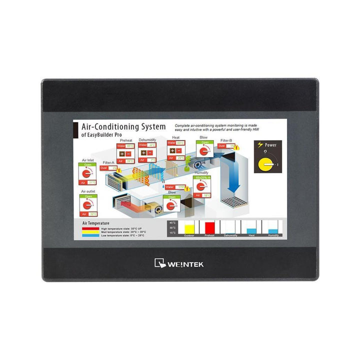 Weintek MT6071iP 7" HMI touchscreen panel with serial communication ports for industrial automation applications.