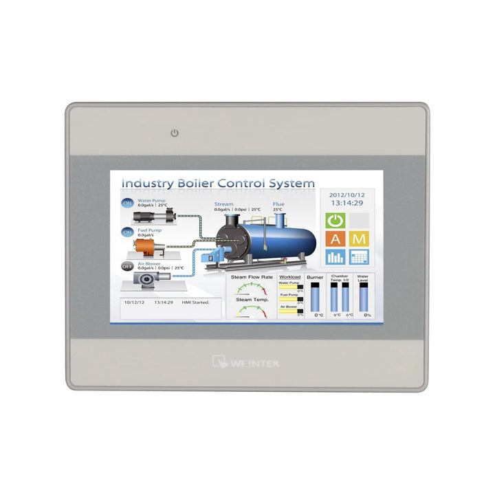 Weintek MT8050iE 4.3" HMI with resistive touch, Ethernet, RS-232/RS-485, and EasyBuilder Pro compatibility.