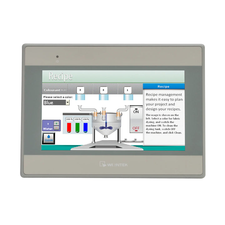 Weintek MT8070iE 7" HMI with resistive touch, Ethernet, RS-232/RS-485, and EasyBuilder Pro compatibility.