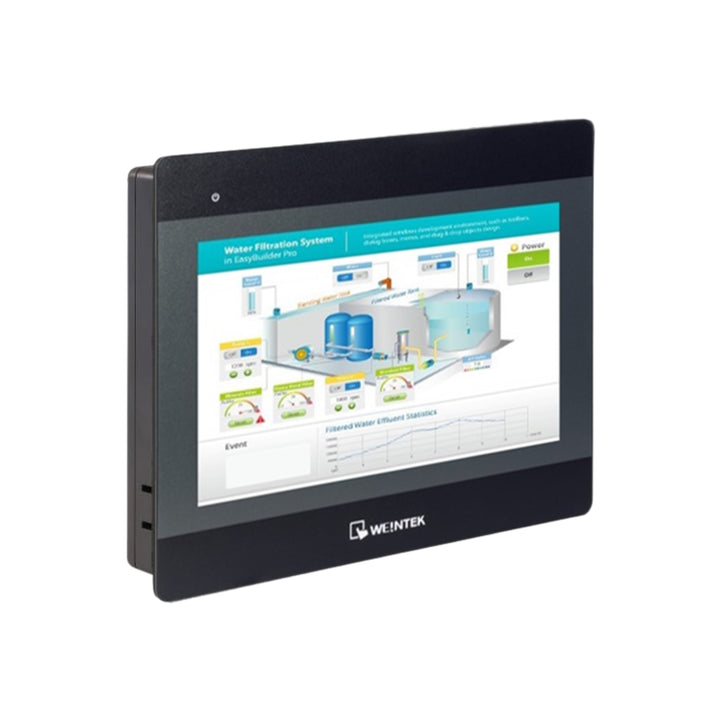Weintek MT8070iH 7" HMI with resistive touch, Ethernet, RS-232/RS-485, USB host &amp; client ports, and EasyBuilder 8000 compatibility.