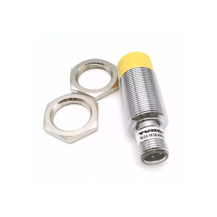 Turck NI14-M18-AP6X-H1141 M18 inductive proximity sensor, 14 mm range, PNP NO output, metal housing.