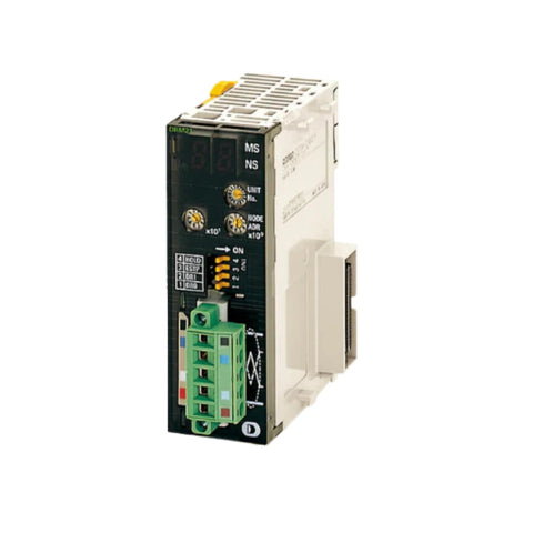 Omron CJ1W-DRM21 DeviceNet master/slave unit for CJ-series PLCs, enabling communication with distributed devices over DeviceNet.