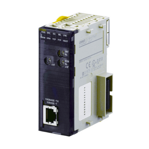 Omron CJ1W-ETN21 Ethernet communication module with 100Base-TX and TCP/IP support, enhancing CJ series PLCs with network connectivity.