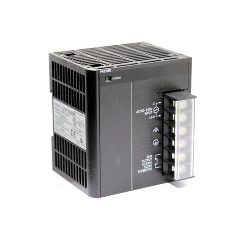 Omron CJ1W-PA205R power supply unit, 100–240V AC input, 5V/5A output with RUN relay, for CJ1 and CJ2 PLC systems. DIN rail mount.