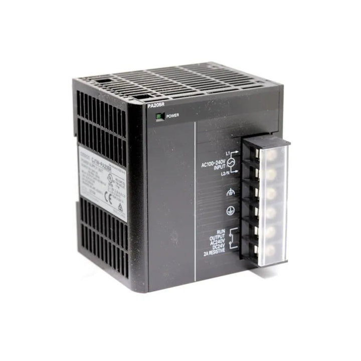 Omron CJ1W-PA205R power supply unit, 100–240V AC input, 5V/5A output with RUN relay, for CJ1 and CJ2 PLC systems. DIN rail mount.