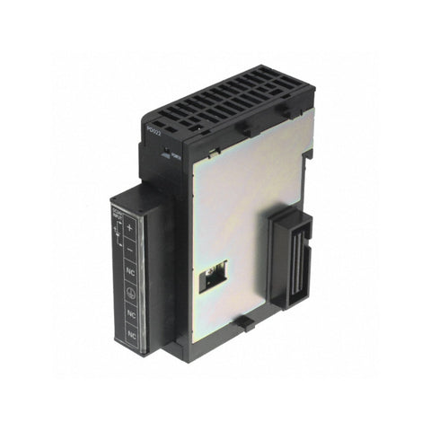 Omron CJ1W-PD022 24 VDC power supply unit for CJ-Series PLCs, 19.6 W total output, compact DIN rail mount with screw terminals.