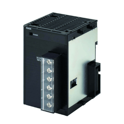 Omron CJ1W-PD025 power supply unit with 24V DC input and 5V 2.5A output. Compact design for CJ1 PLC systems. DIN or panel mount.
