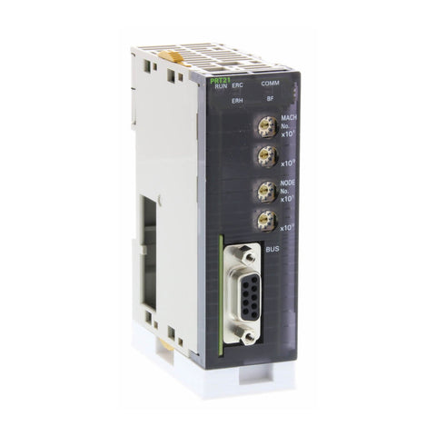 Omron CJ1W-PRT21 PROFIBUS-DP slave unit for CJ-series PLCs with up to 100 I/O words and DIN rail mount.