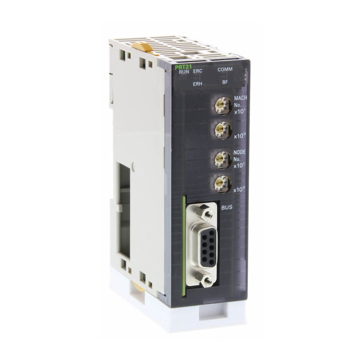 Omron CJ1W-PRT21 PROFIBUS-DP slave unit for CJ-series PLCs with up to 100 I/O words and DIN rail mount.